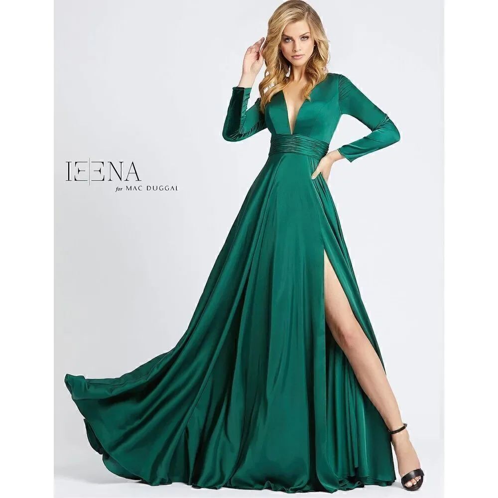 Mac Duggal LONG SLEEVE RUCHED WAIST A-LINE GOWN New